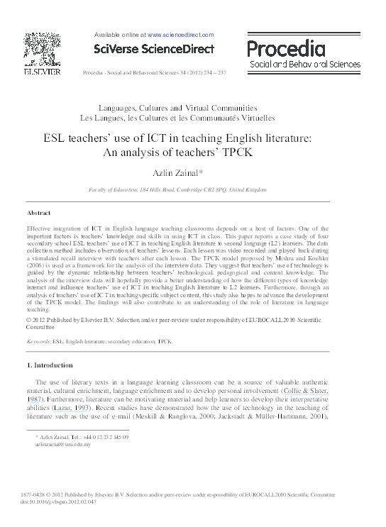 (PDF) ESL teachers' use of ICT in teaching English literature: An ...