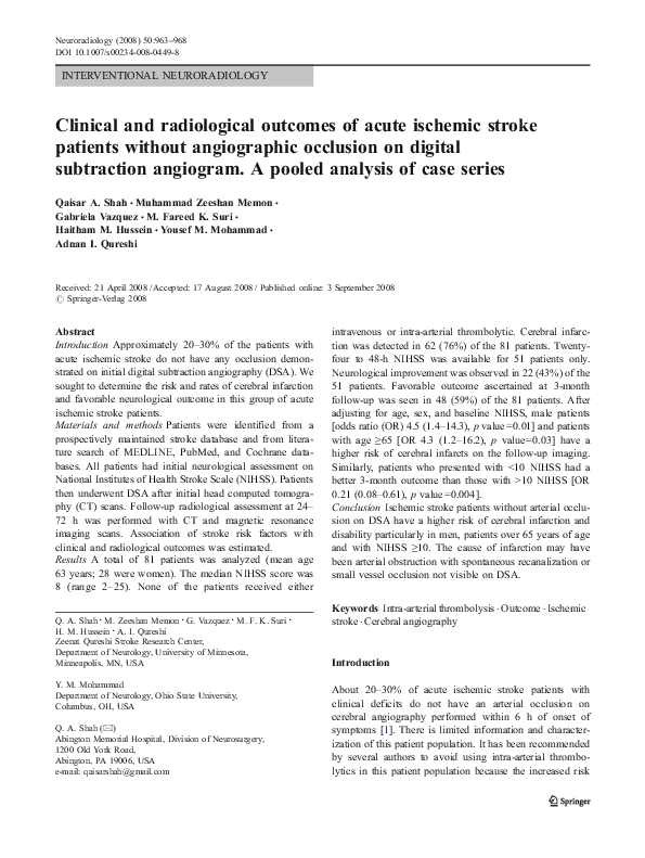 Pdf Clinical And Radiological Outcomes Of Acute Ischemic Stroke Patients Without Angiographic Occlusion On Digital Subtraction Angiogram A Pooled Analysis Of Case Series Mohammad Zeeshan Academia Edu