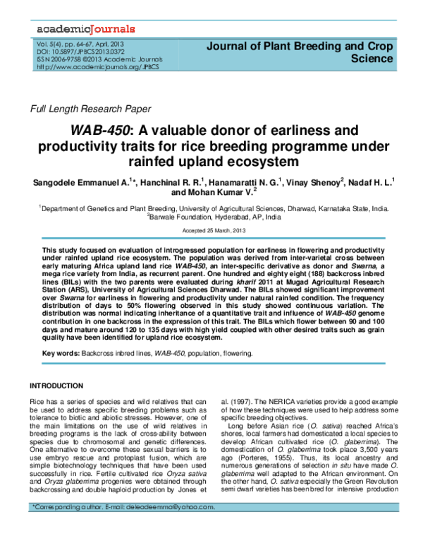 (PDF) WAB-450: A valuable donor of earliness and productivity traits ...