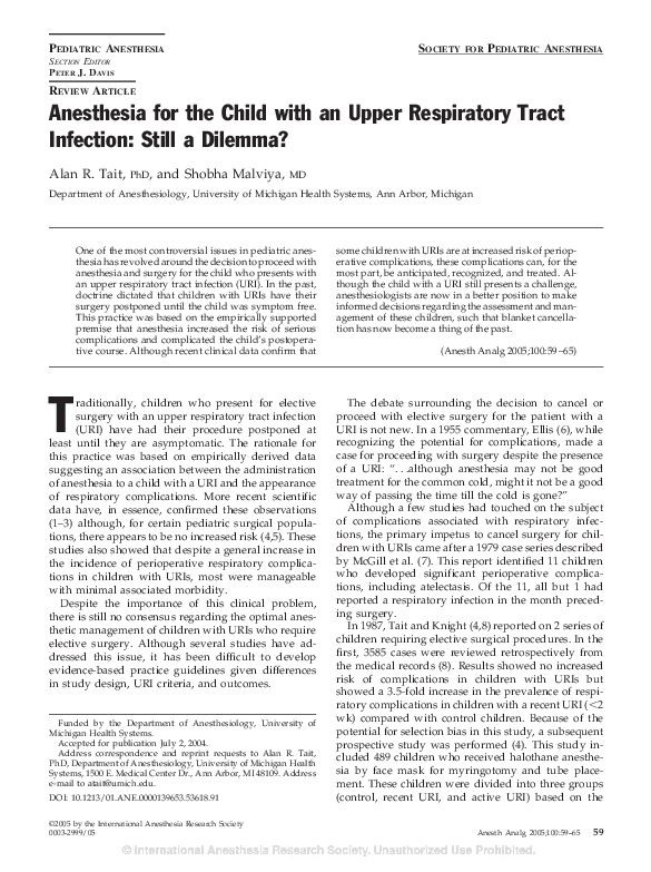 (PDF) Anesthesia for the Child with an Upper Respiratory Tract