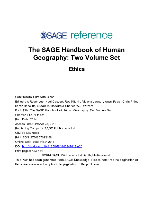 (PDF) Ethics. The SAGE Handbook of Human Geography Elizabeth Olson