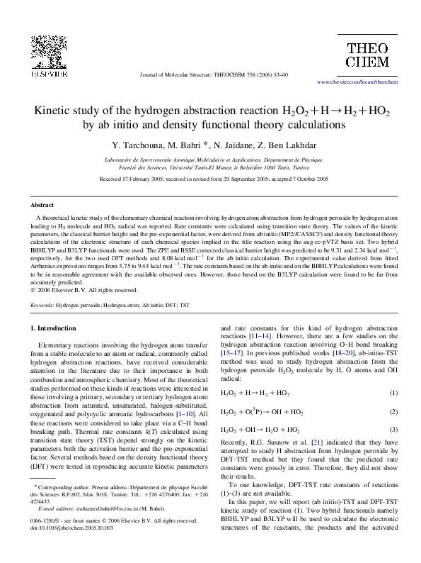 (PDF) Kinetic study of the hydrogen abstraction reaction H 2O 2+H→H 2 ...