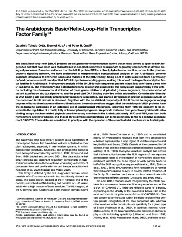  pdf the arabidopsis basic helix loop helix transcription factor family