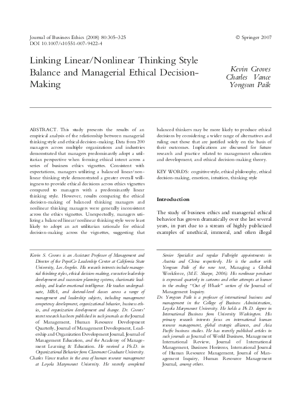 (PDF) Linking linear/nonlinear thinking style balance and managerial ...