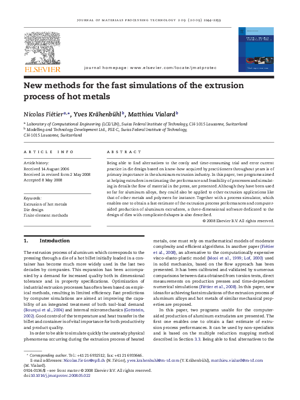 (PDF) New methods for the fast simulations of the extrusion process of ...