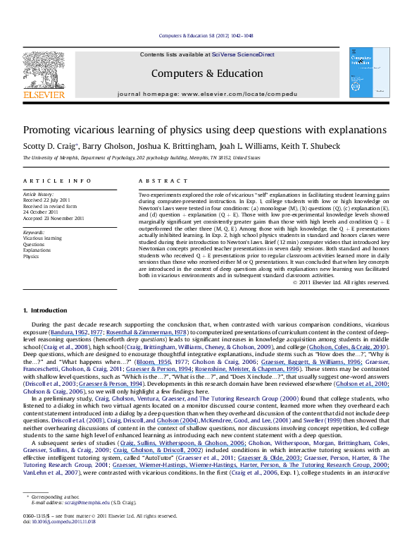 (PDF) Promoting vicarious learning of physics using deep questions with ...