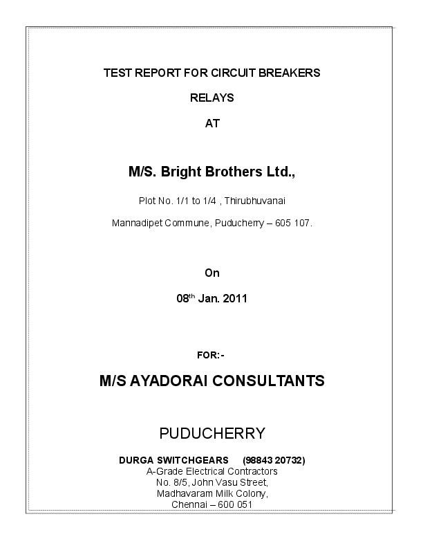 (DOC) TEST REPORT FOR CIRCUIT BREAKERS,TRANSFORMERS, RELAYS ,MOCB