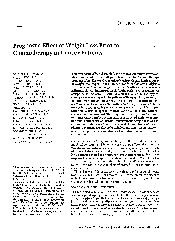(PDF) Prognostic effect of weight loss prior tochemotherapy in cancer