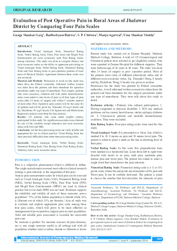 pdf evaluation of post operative pain in rural areas of jhalawar district by comparing four pain scales international journal of contemporary medical research ijcmr academia edu