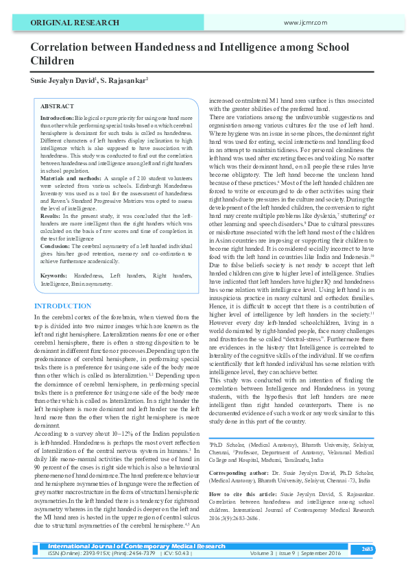 (PDF) Correlation between Handedness and Intelligence among School