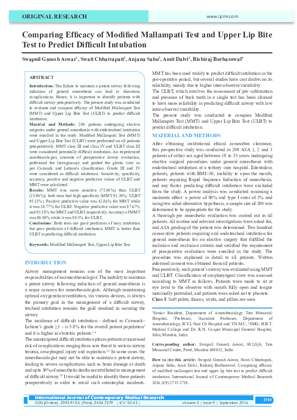 (PDF) Comparing Efficacy of Modified Mallampati Test and Upper Lip Bite