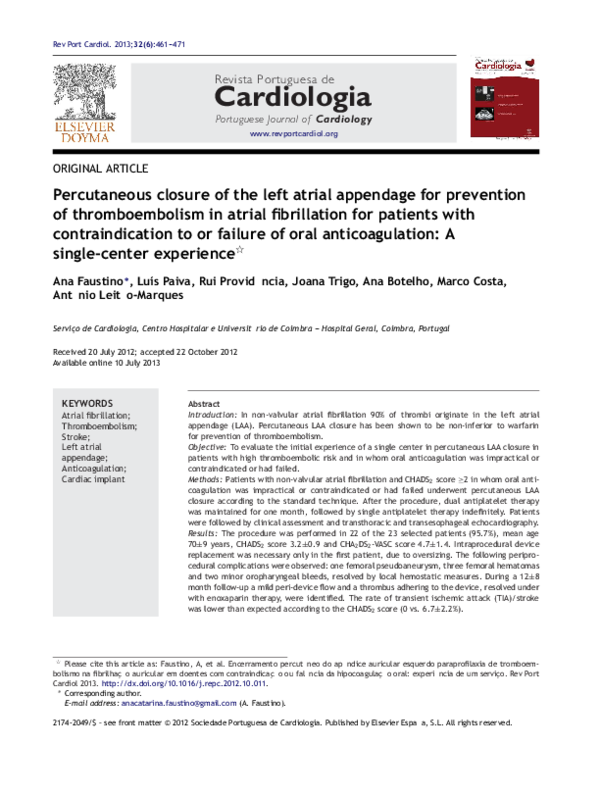 (PDF) Percutaneous closure of the left atrial appendage for ...