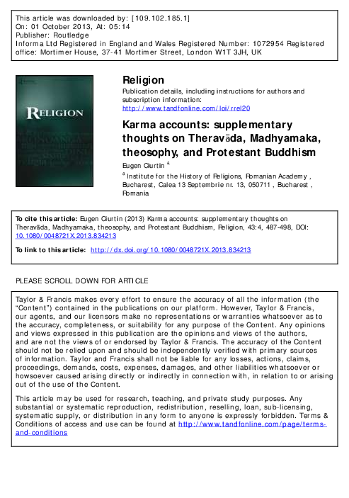 First page of “"Karma accounts: supplementary thoughts on Theravāda, Madhyamaka, theosophy, and Protestant Buddhism", Religion 43 (2013).”