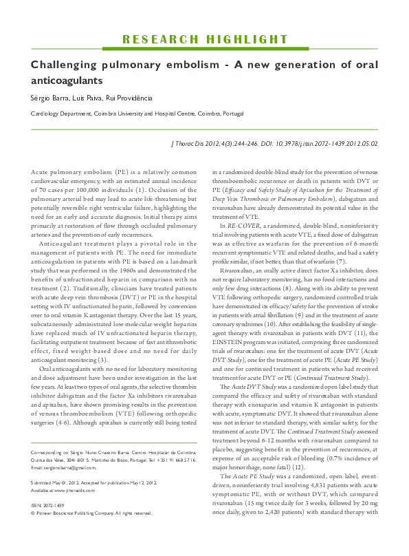 (PDF) Challenging pulmonary embolism - A new generation of oral ...
