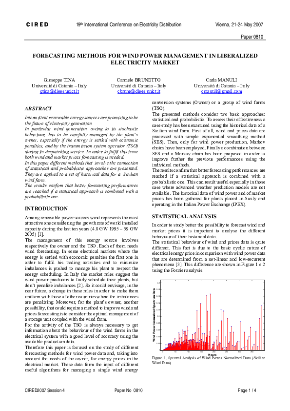 (PDF) FORECASTING METHODS FOR WIND POWER MANAGEMENT IN LIBERALIZED ...