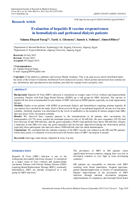 (PDF) Evaluation of hepatitis B vaccine responsiveness in hemodialysis ...