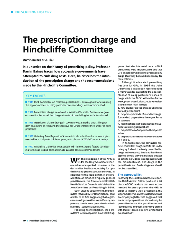 (PDF) The prescription charge and Hinchcliffe Committee