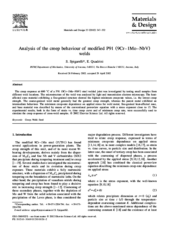 (PDF) Analysis of the creep behaviour of modified P91 (9Cr–1Mo–NbV) welds