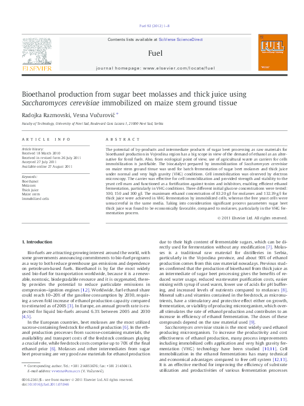 (PDF) Bioethanol production from sugar beet molasses and thick juice ...