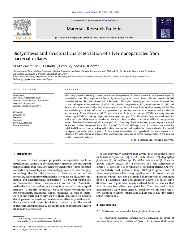 (PDF) Biosynthesis and structural characterization of silver ...