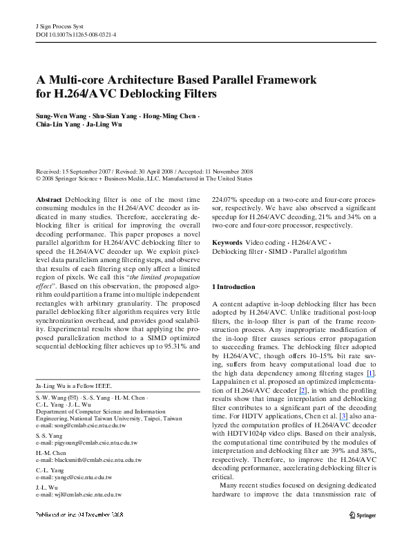 (PDF) A Multi-core Architecture Based Parallel Framework for H.264/AVC ...