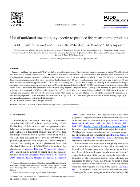 (PDF) Use of amidated low methoxyl pectin to produce fish restructured products Jose Ramirez
