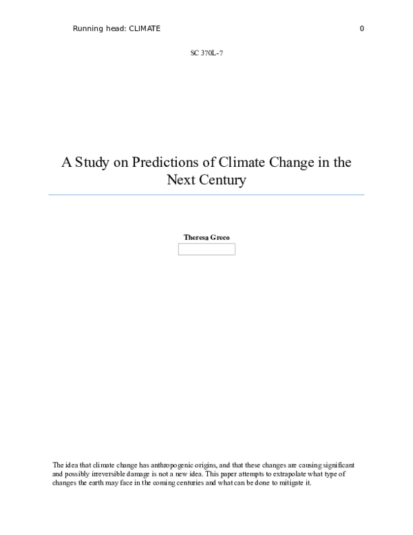 (DOC) A Study on Predictions of Climate Change in the Next Century