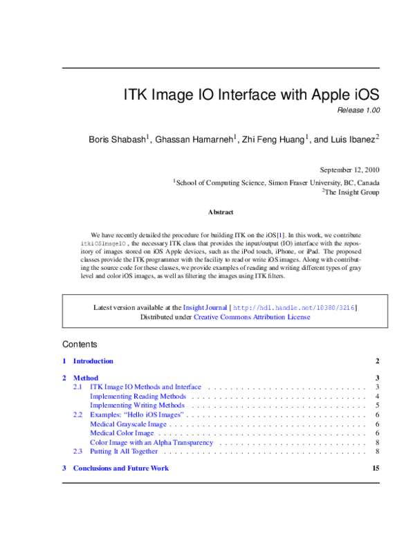 (PDF) ITK Image IO Interface with Apple iOS Release 1.00