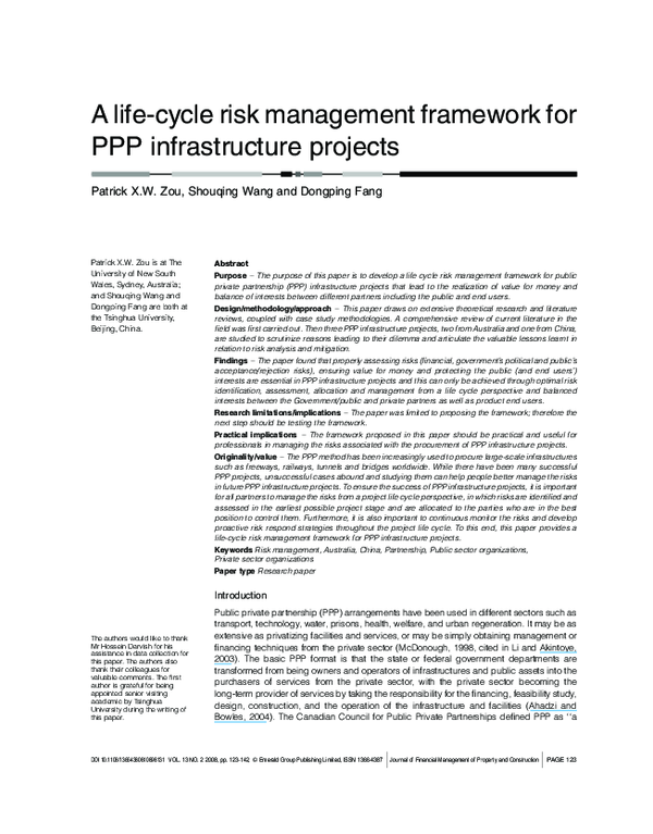 (PDF) A life-cycle risk management framework for PPP infrastructure ...