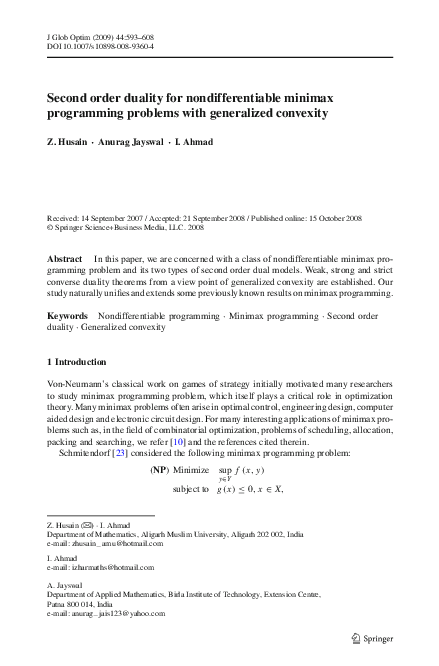 (PDF) Second order duality for nondifferentiable minimax programming ...