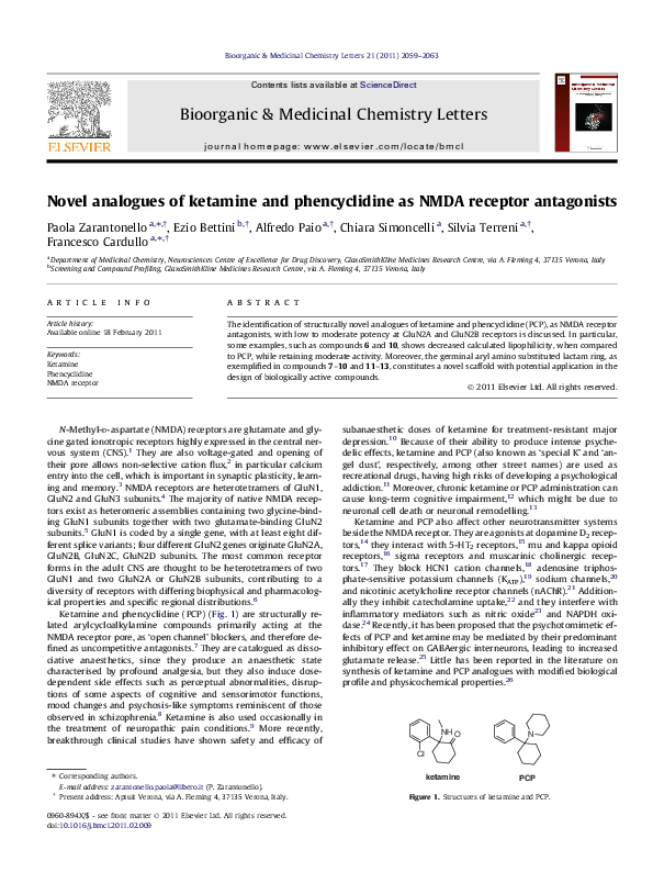 (PDF) Novel analogues of ketamine and phencyclidine as NMDA receptor ...