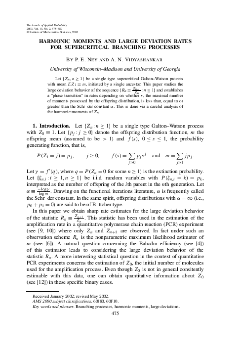 (PDF) Harmonic moments and large deviation rates for supercritical ...