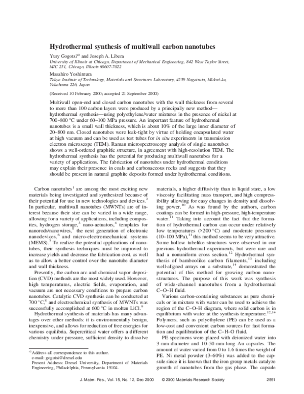 (PDF) Hydrothermal synthesis of multiwall carbon nanotubes