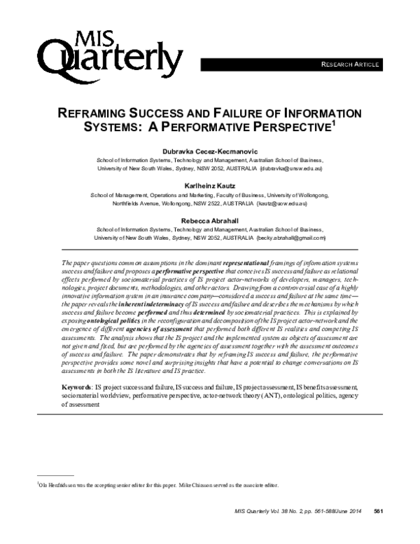 (PDF) Reframing success and failure of information systems: a ...