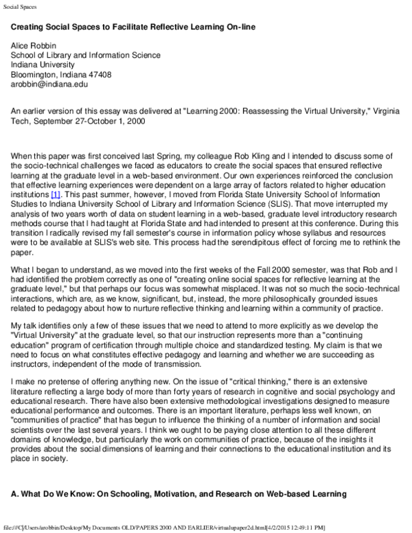 (PDF) Creating Social Spaces to Facilitate Reflective Learning On-Line