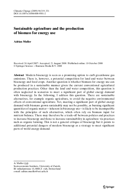 (PDF) Sustainable agriculture and the production of biomass for energy use