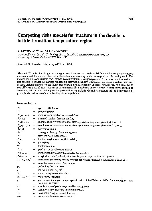(PDF) Competing risks models for fracture in the ductile to brittle ...