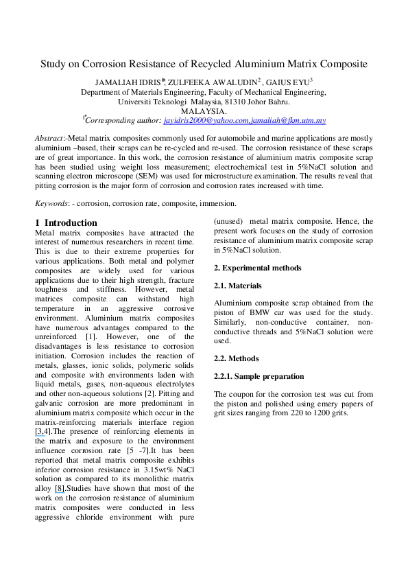 (PDF) Study on Corrosion Resistance of Recycled Aluminium Matrix Composite