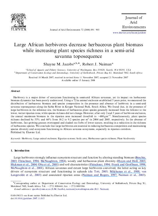 (PDF) Large African herbivores decrease herbaceous plant biomass while ...