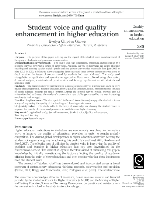 (PDF) Student voice and quality enhancement in higher education
