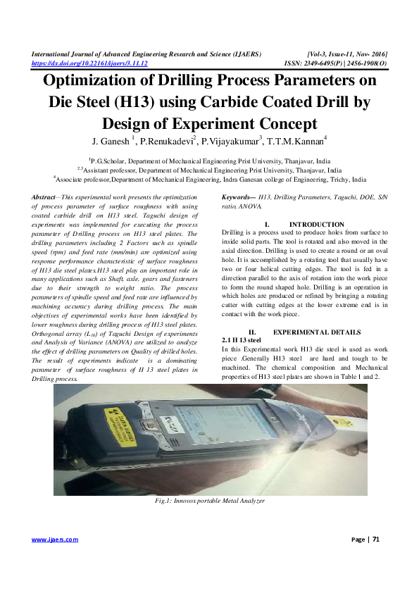 (PDF) Optimization of Drilling Process Parameters on Die Steel (H13