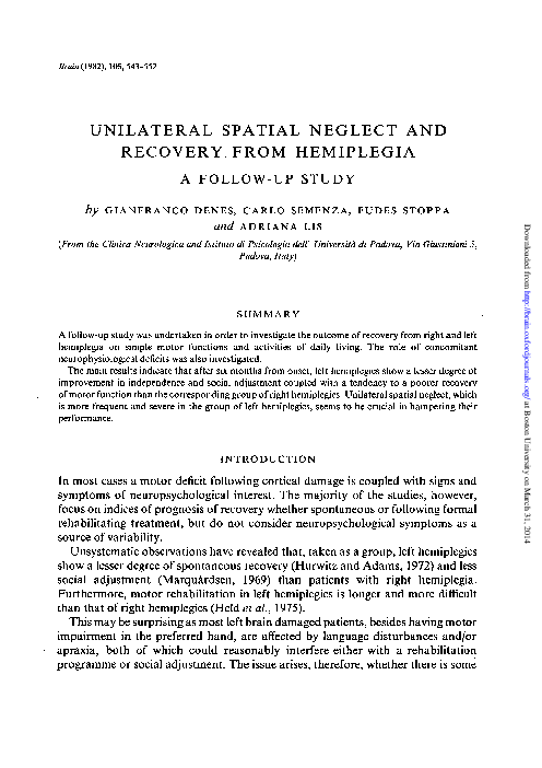 (PDF) UNILATERAL SPATIAL NEGLECT AND RECOVERY FROM HEMIPLEGIA: A FOLLOW ...