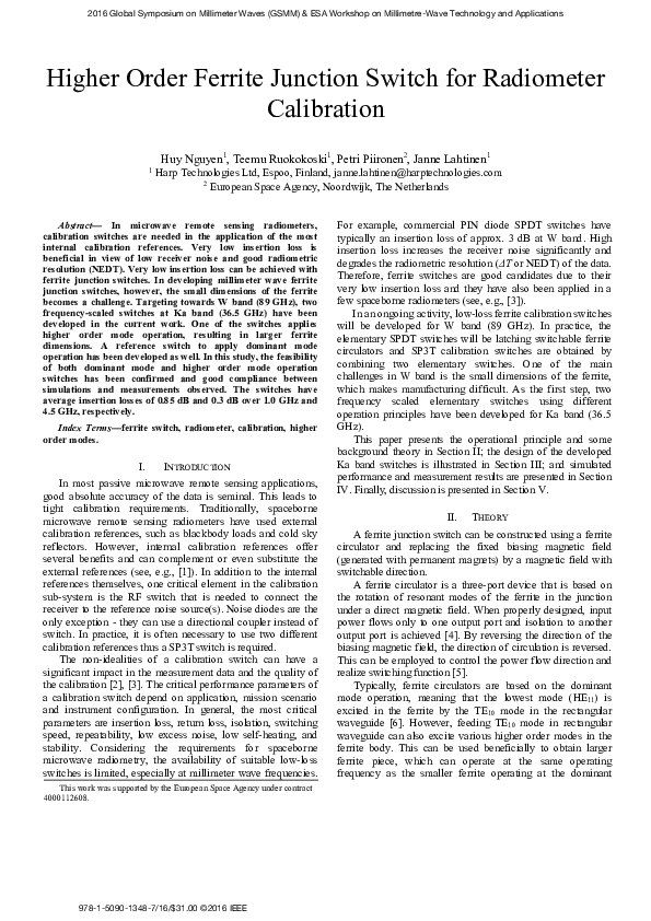 Higher Order Ferrite Junction Switch for Radiometer Calibration Huy