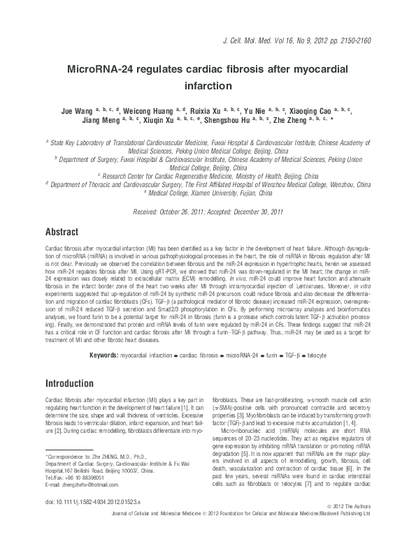 (PDF) MicroRNA‐24 regulates cardiac fibrosis after myocardial infarction