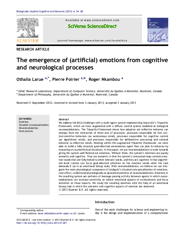 (PDF) The emergence of (artificial) emotions from cognitive and ...