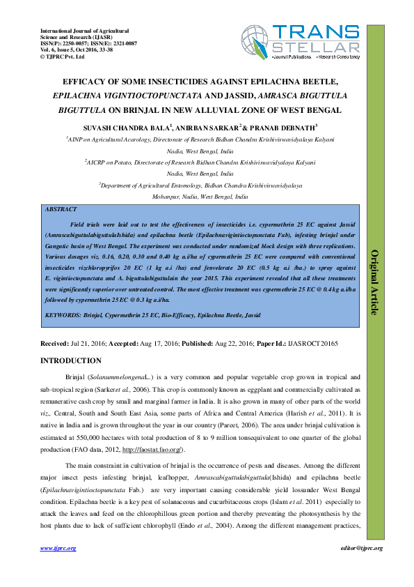 (PDF) EFFICACY OF SOME INSECTICIDES AGAINST EPILACHNA BEETLE, EPILACHNA ...