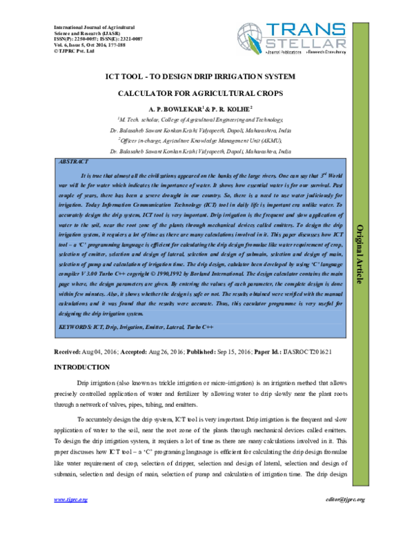 (PDF) ICT TOOL TO DESIGN DRIP IRRIGATION SYSTEM CALCULATOR FOR