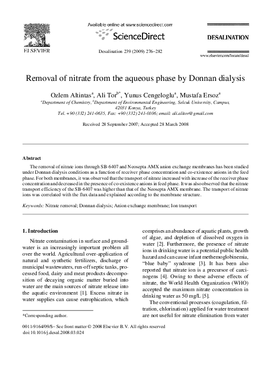(PDF) Removal of nitrate from the aqueous phase by Donnan dialysis