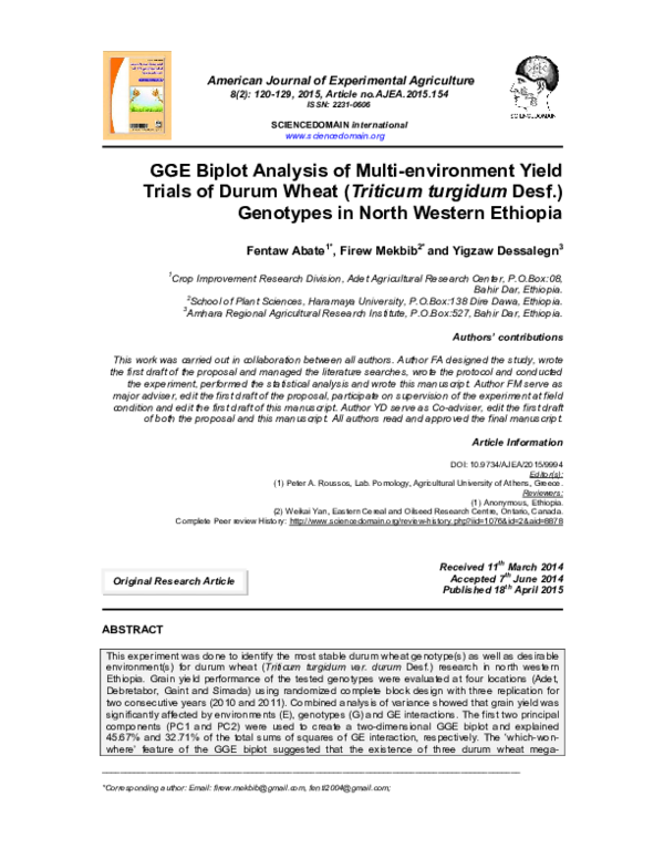 (PDF) GGE Biplot Analysis of Multi-environment Yield Trials of Durum ...