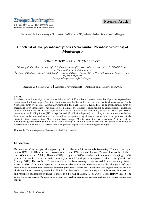 (PDF) Checklist of the pseudoscorpions (Arachnida: Pseudoscorpiones) of ...